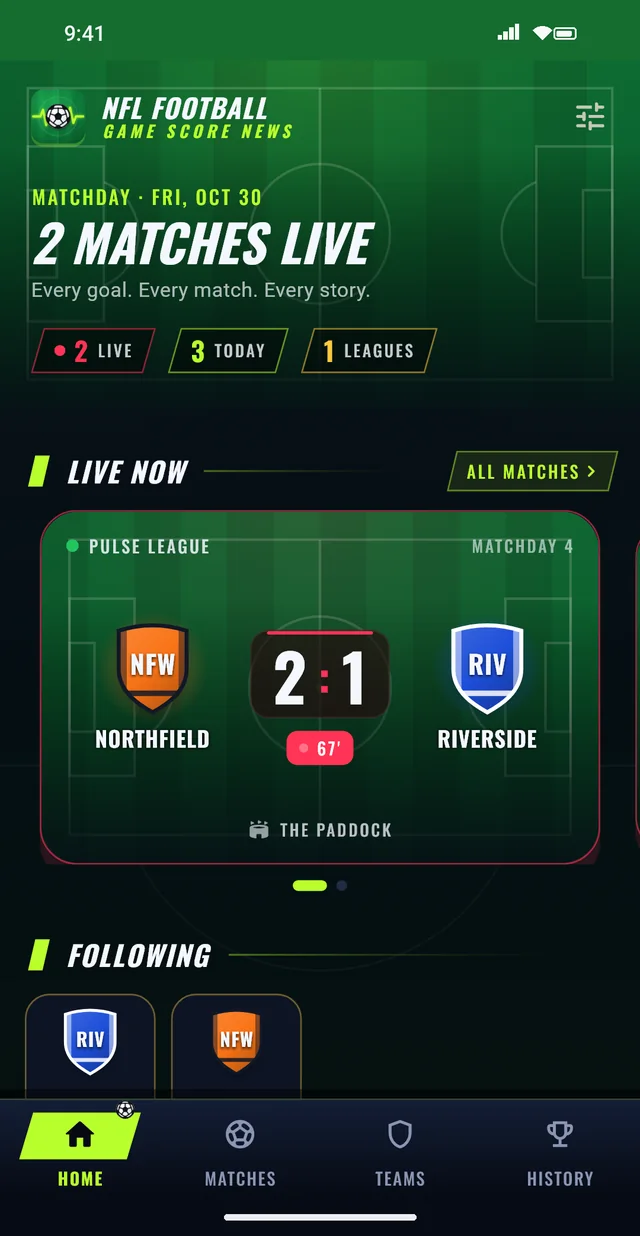 Home screen with live matches