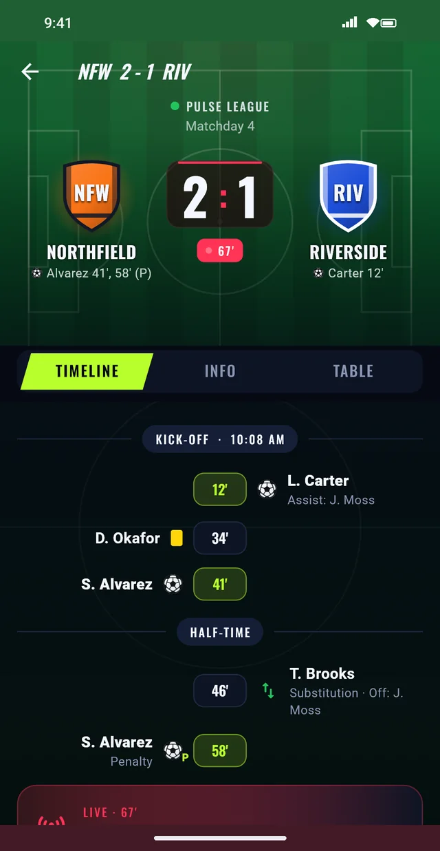 Match page with a goal and card timeline