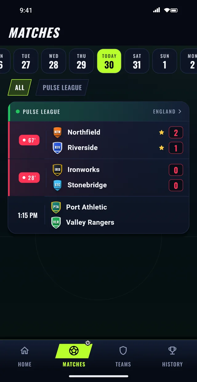 Matches calendar grouped by league
