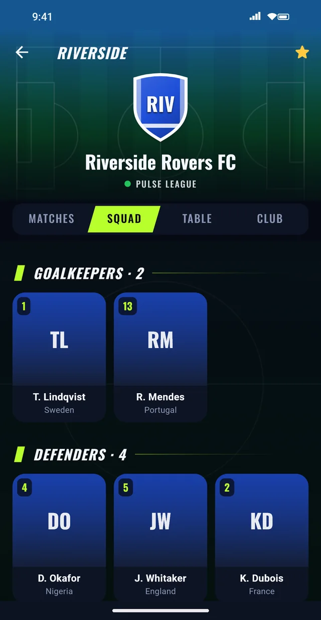 Club page with squad by position